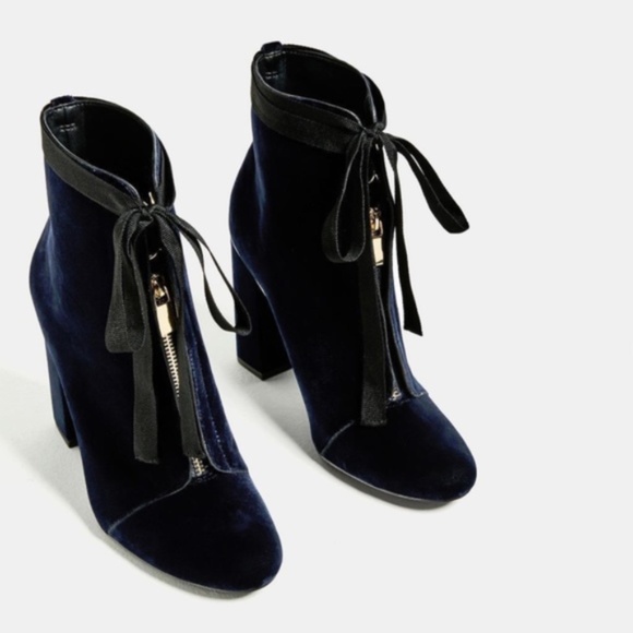 Zara Shoes - Zara navy blue velvet lace zipper ankle boots